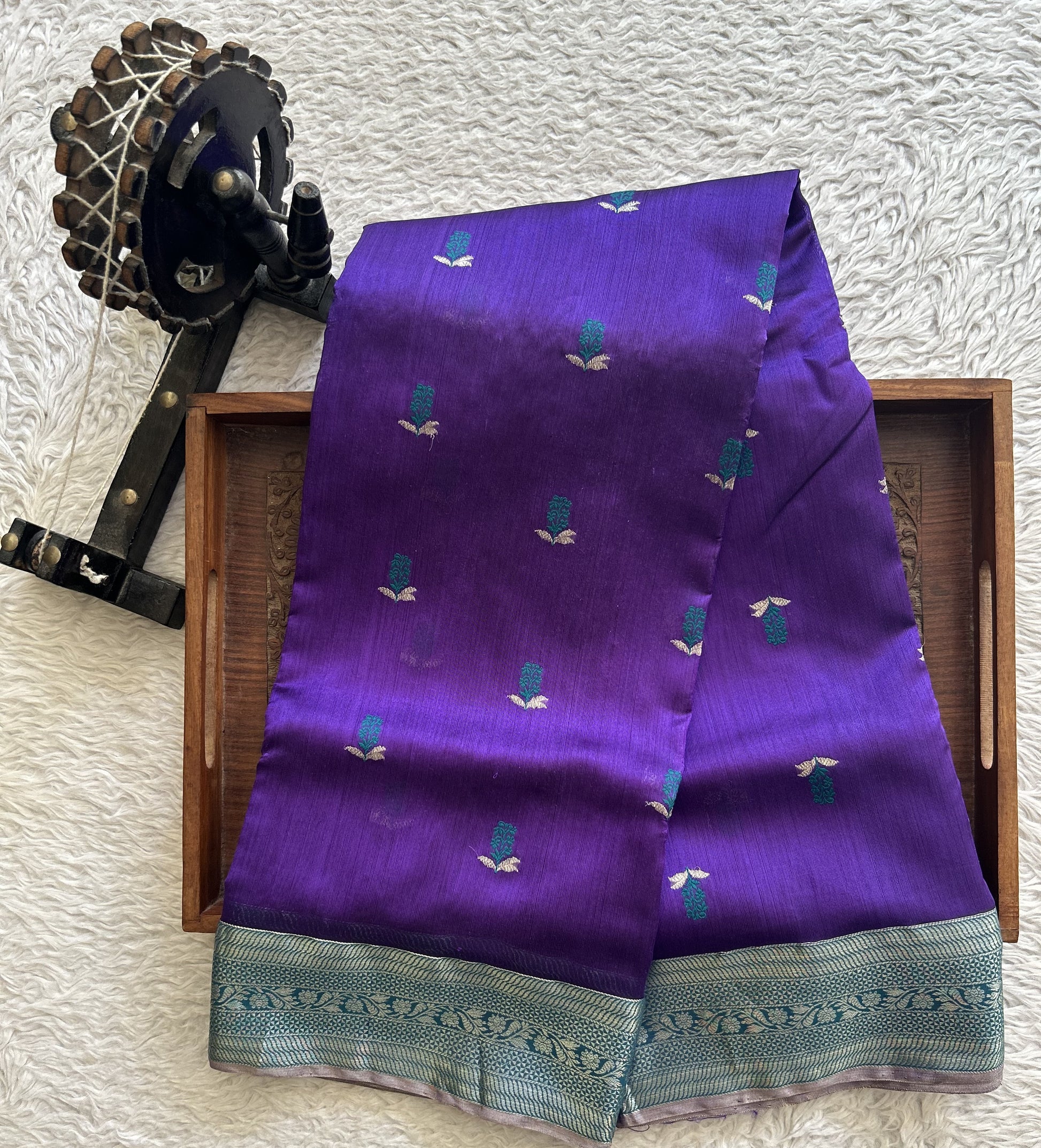 Chanderi Silk  Navy Blue color Elegantly Paired with a Silver Zari border - Sampradaya Designer Studio