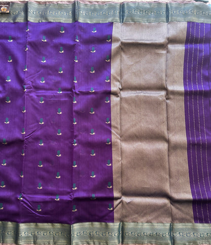 Chanderi Silk  Navy Blue color Elegantly Paired with a Silver Zari border - Sampradaya Designer Studio