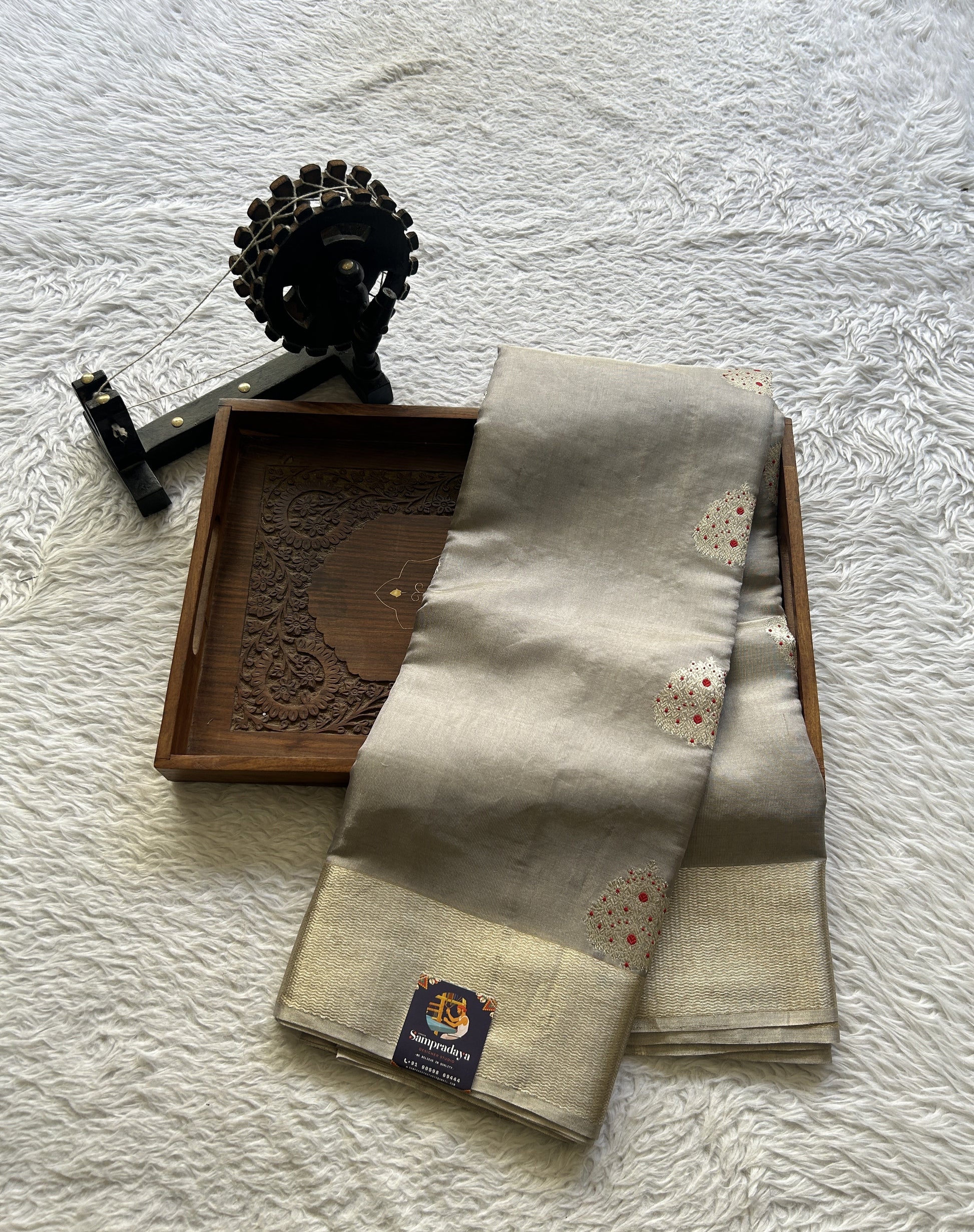 Chanderi Silk Saree Gray color Elegantly Paired with a Zari border - Sampradaya Designer Studio