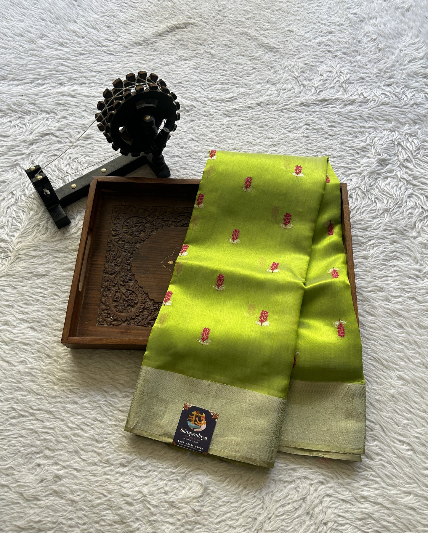 Chanderi Silk Saree Parrot Green color Elegantly Paired with a Zari border - Sampradaya Designer Studio