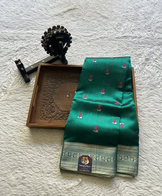 Chanderi Silk Saree Peacock Green color Elegantly Paired with a Zari border - Sampradaya Designer Studio