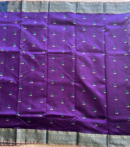 Chanderi Silk  Navy Blue color Elegantly Paired with a Silver Zari border - Sampradaya Designer Studio