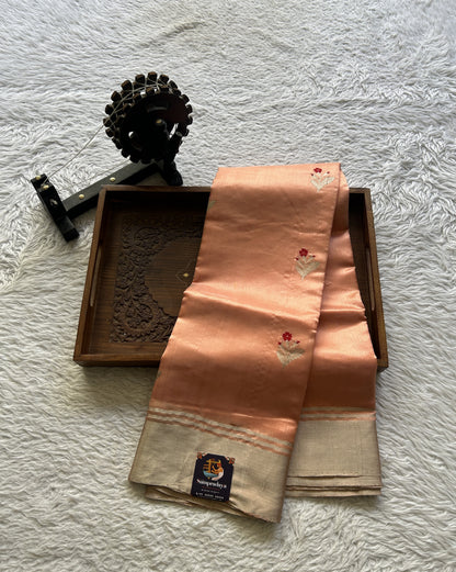 Chanderi Silk Saree Peach color Elegantly Paired with a Zari border - Sampradaya Designer Studio