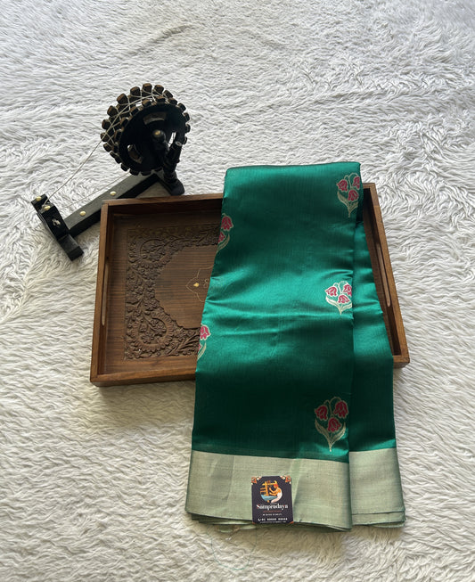 Chanderi Silk Saree Green color Elegantly Paired with a Zari border - Sampradaya Designer Studio