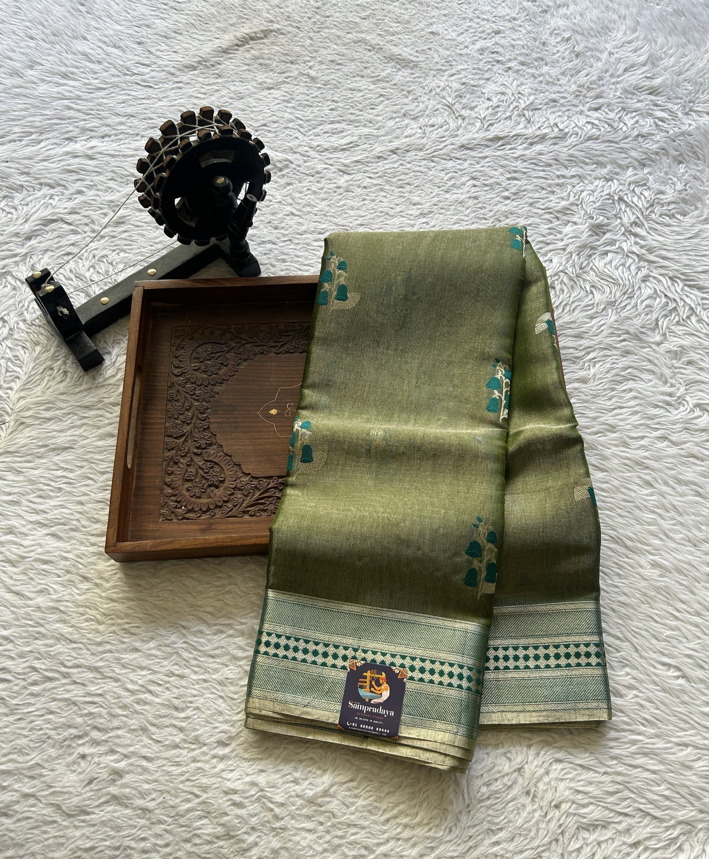 Chanderi Silk Saree Olive Green color Elegantly Paired with a Zari border - Sampradaya Designer Studio