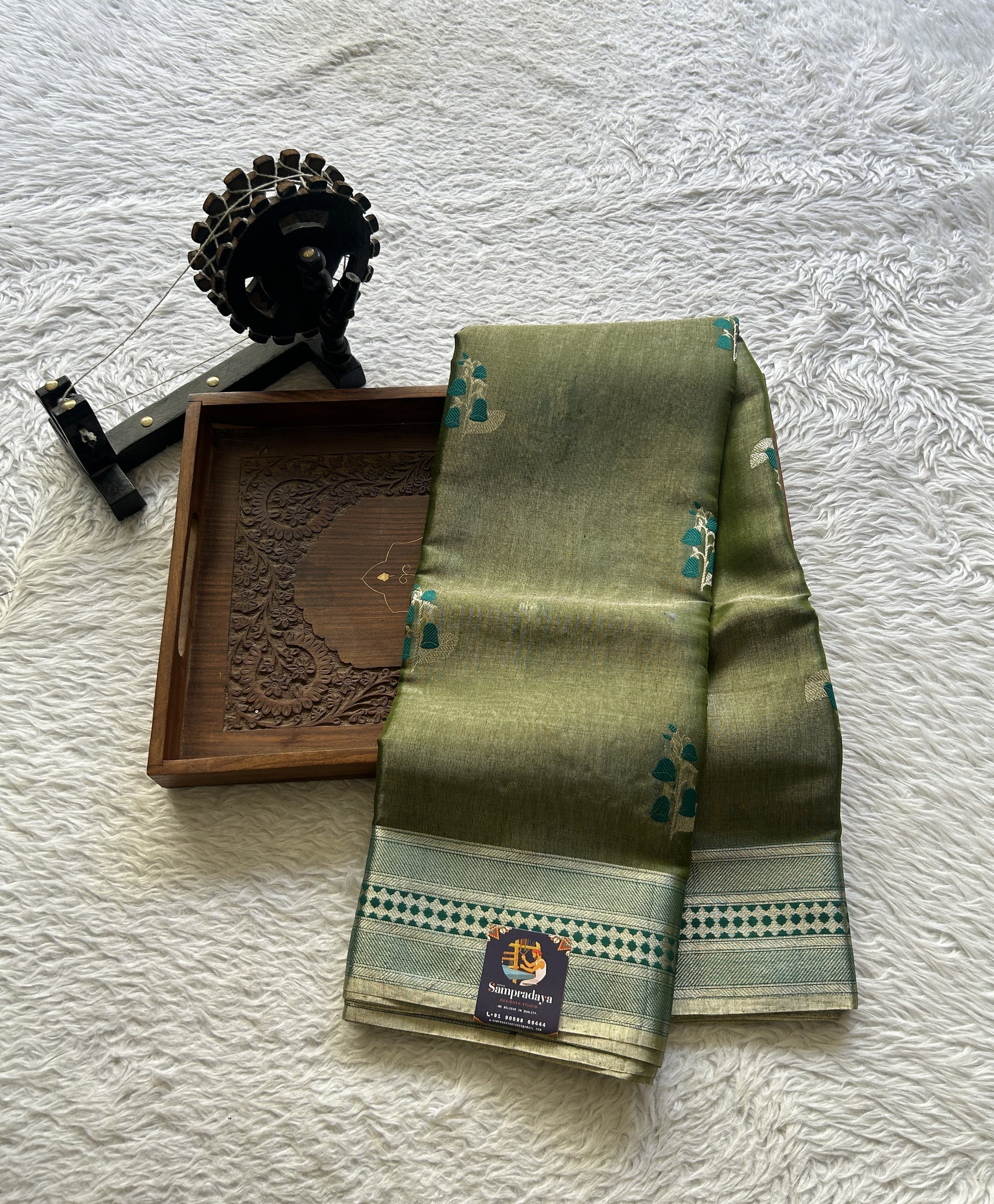 Chanderi Silk Saree Olive Green color Elegantly Paired with a Zari border - Sampradaya Designer Studio