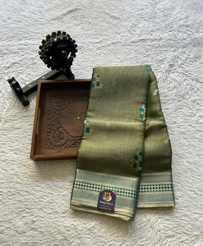 Chanderi Silk Saree Olive Green color Elegantly Paired with a Zari border - Sampradaya Designer Studio
