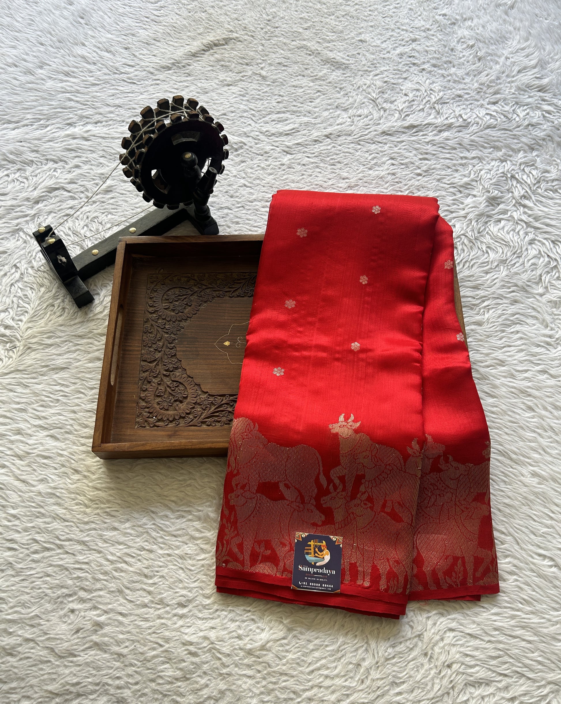 Chanderi Silk Saree Red color Elegantly Paired with a Zari border - Sampradaya Designer Studio
