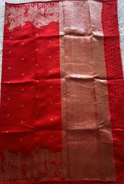 Chanderi Silk Saree Red color Elegantly Paired with a Zari border - Sampradaya Designer Studio