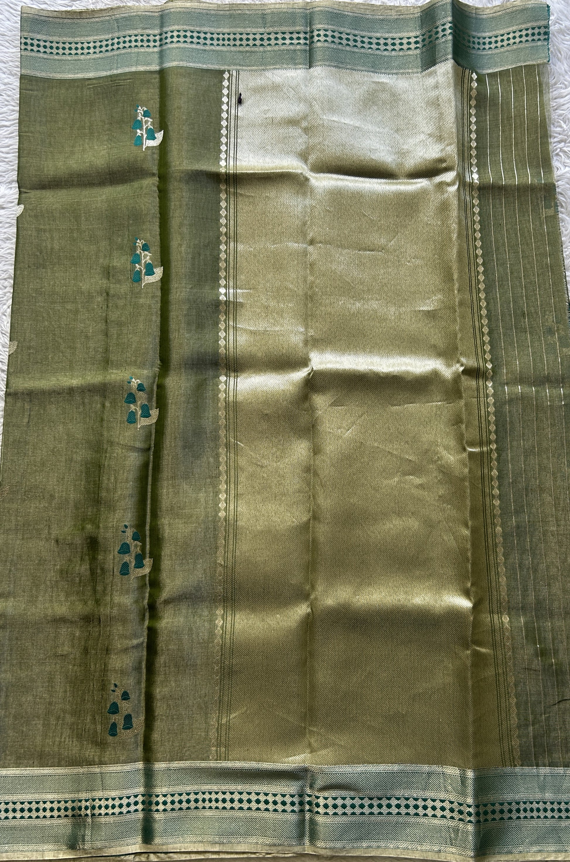 Chanderi Silk Saree Olive Green color Elegantly Paired with a Zari border - Sampradaya Designer Studio
