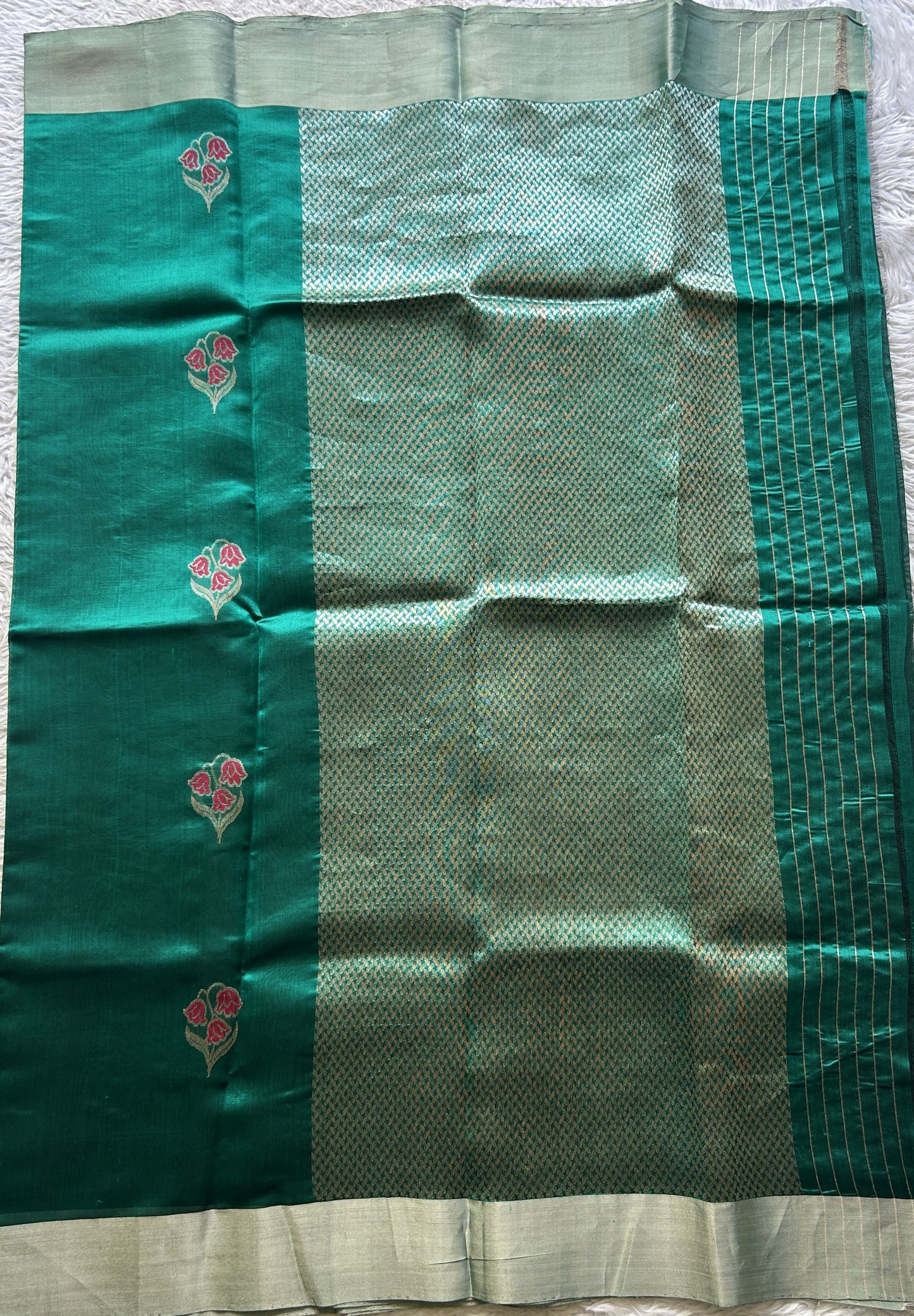 Chanderi Silk Saree Peacock Green color Elegantly Paired with a Zari border - Sampradaya Designer Studio