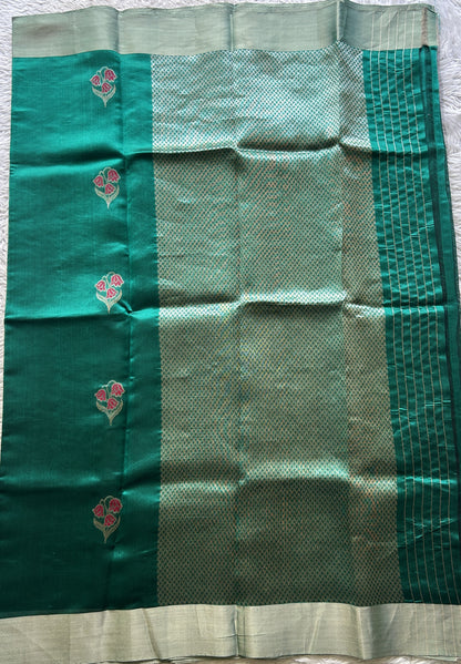 Chanderi Silk Saree Peacock Green color Elegantly Paired with a Zari border - Sampradaya Designer Studio