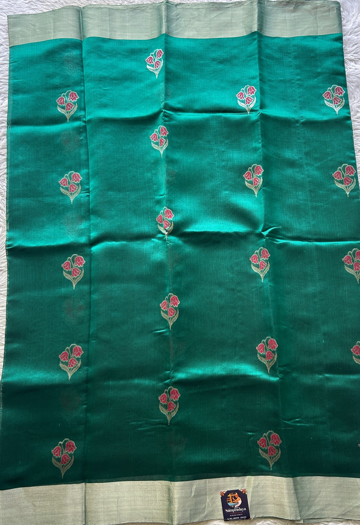 Chanderi Silk Saree Peacock Green color Elegantly Paired with a Zari border - Sampradaya Designer Studio
