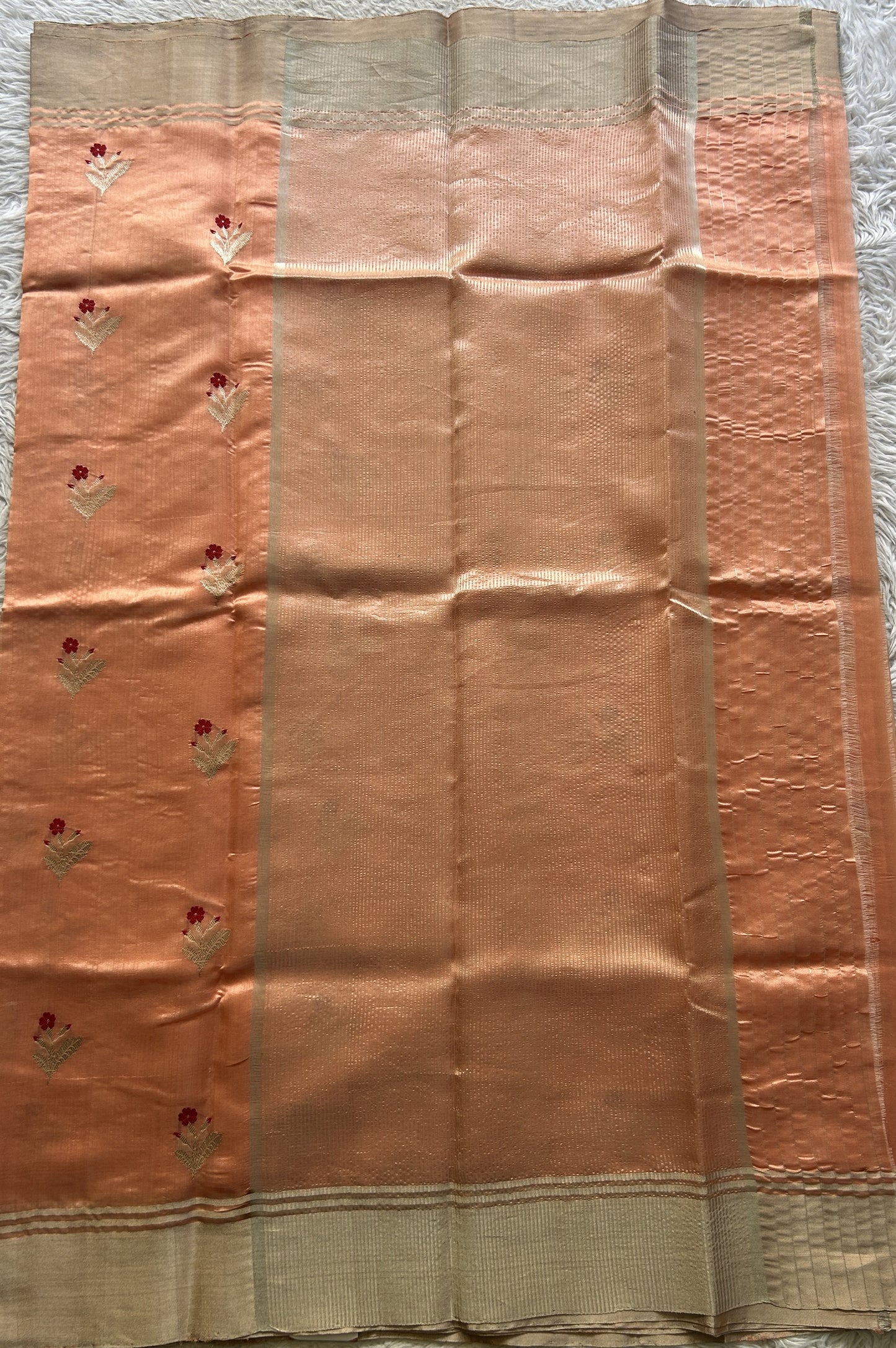 Chanderi Silk Saree Peach color Elegantly Paired with a Zari border - Sampradaya Designer Studio