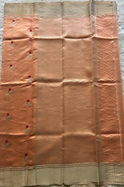 Chanderi Silk Saree Peach color Elegantly Paired with a Zari border - Sampradaya Designer Studio