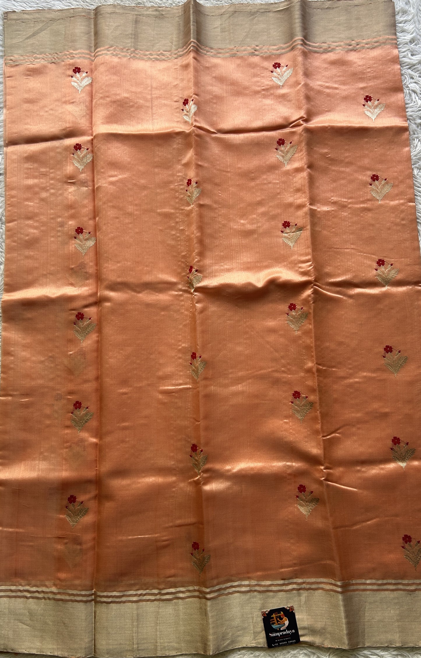 Chanderi Silk Saree Peach color Elegantly Paired with a Zari border - Sampradaya Designer Studio