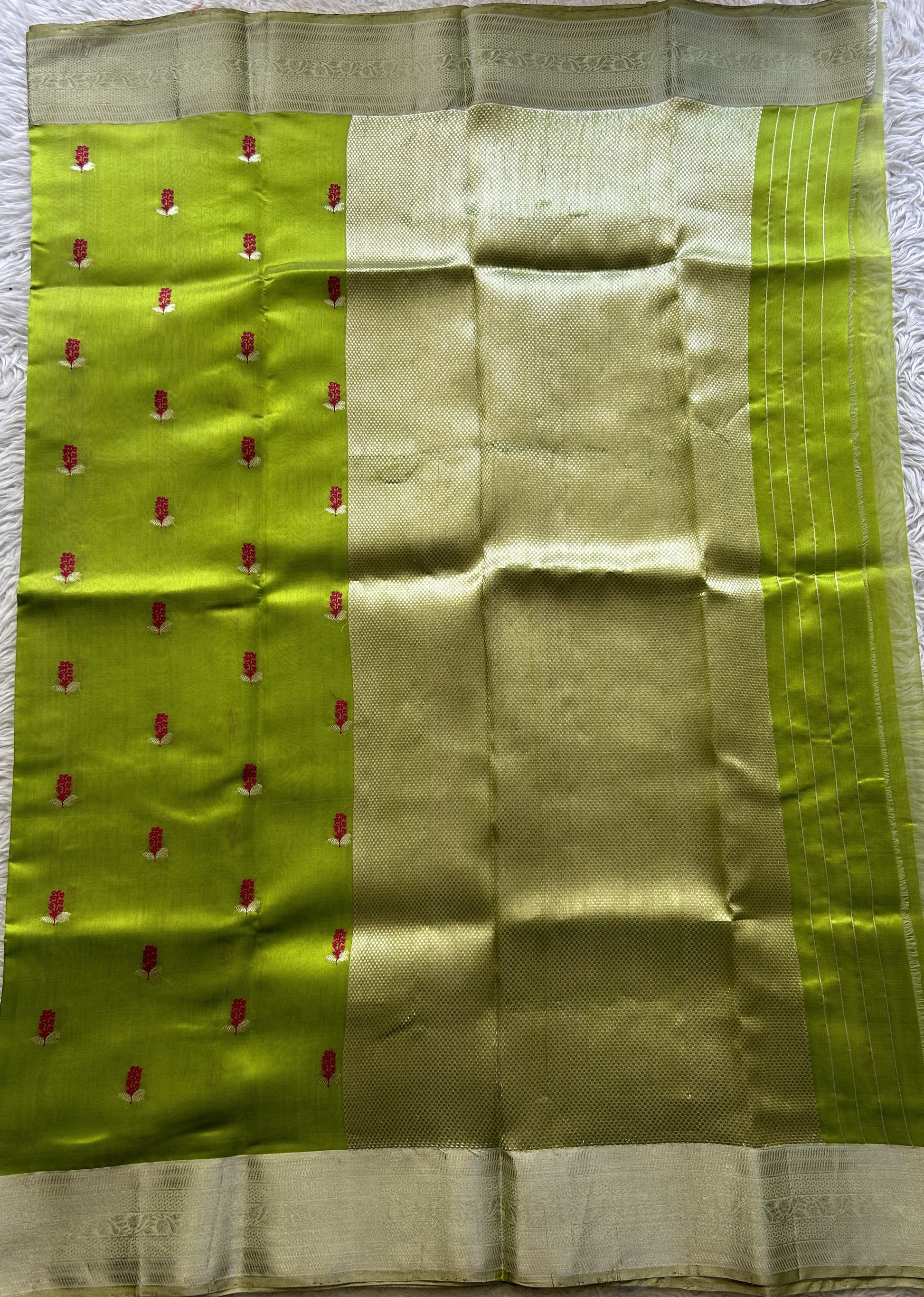 Chanderi Silk Saree Parrot Green color Elegantly Paired with a Zari border - Sampradaya Designer Studio