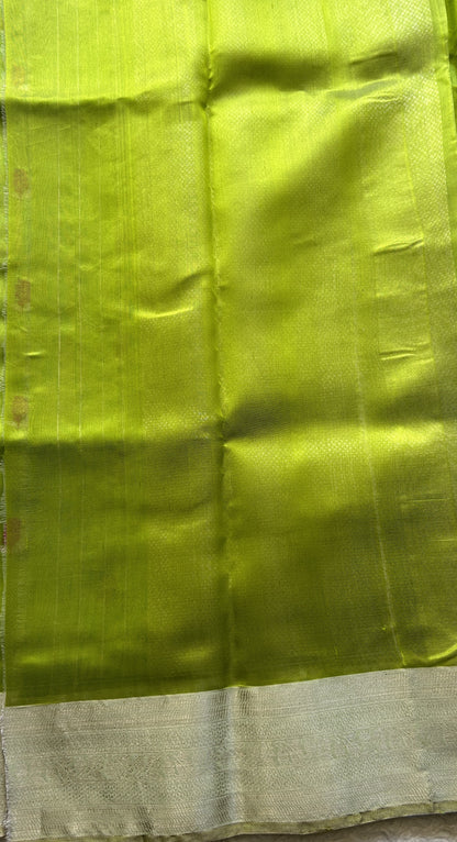 Chanderi Silk Saree Parrot Green color Elegantly Paired with a Zari border - Sampradaya Designer Studio