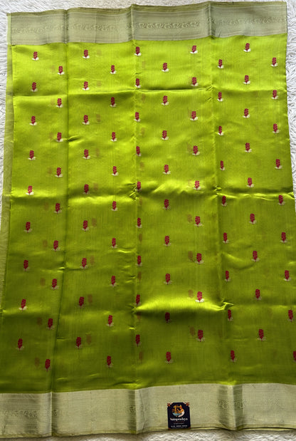 Chanderi Silk Saree Parrot Green color Elegantly Paired with a Zari border - Sampradaya Designer Studio