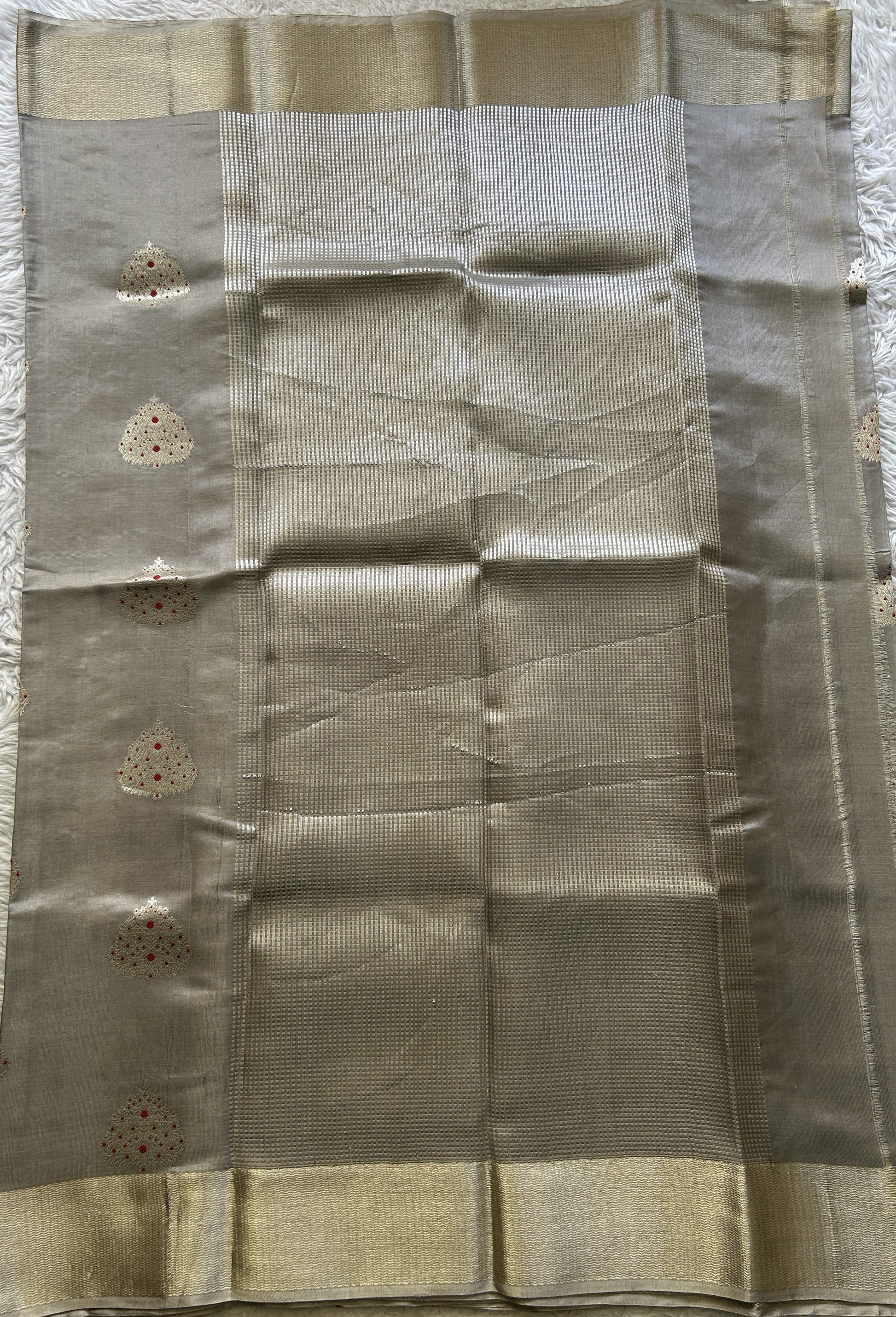 Chanderi Silk Saree Gray color Elegantly Paired with a Zari border - Sampradaya Designer Studio