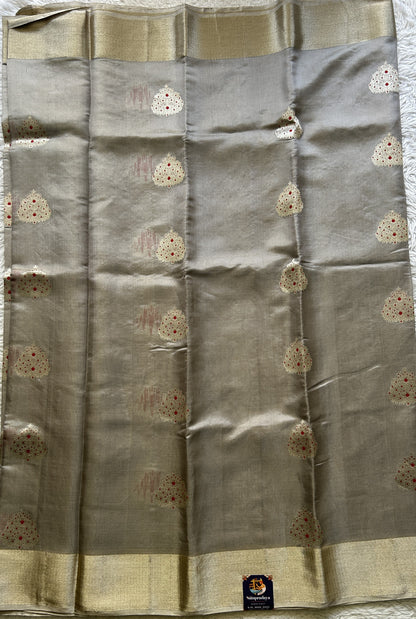 Chanderi Silk Saree Gray color Elegantly Paired with a Zari border - Sampradaya Designer Studio