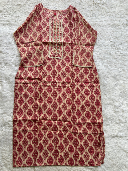 Jaipur Cotton Kurti Dark Pink Colored With a Floral Print. - Sampradaya Designer Studio