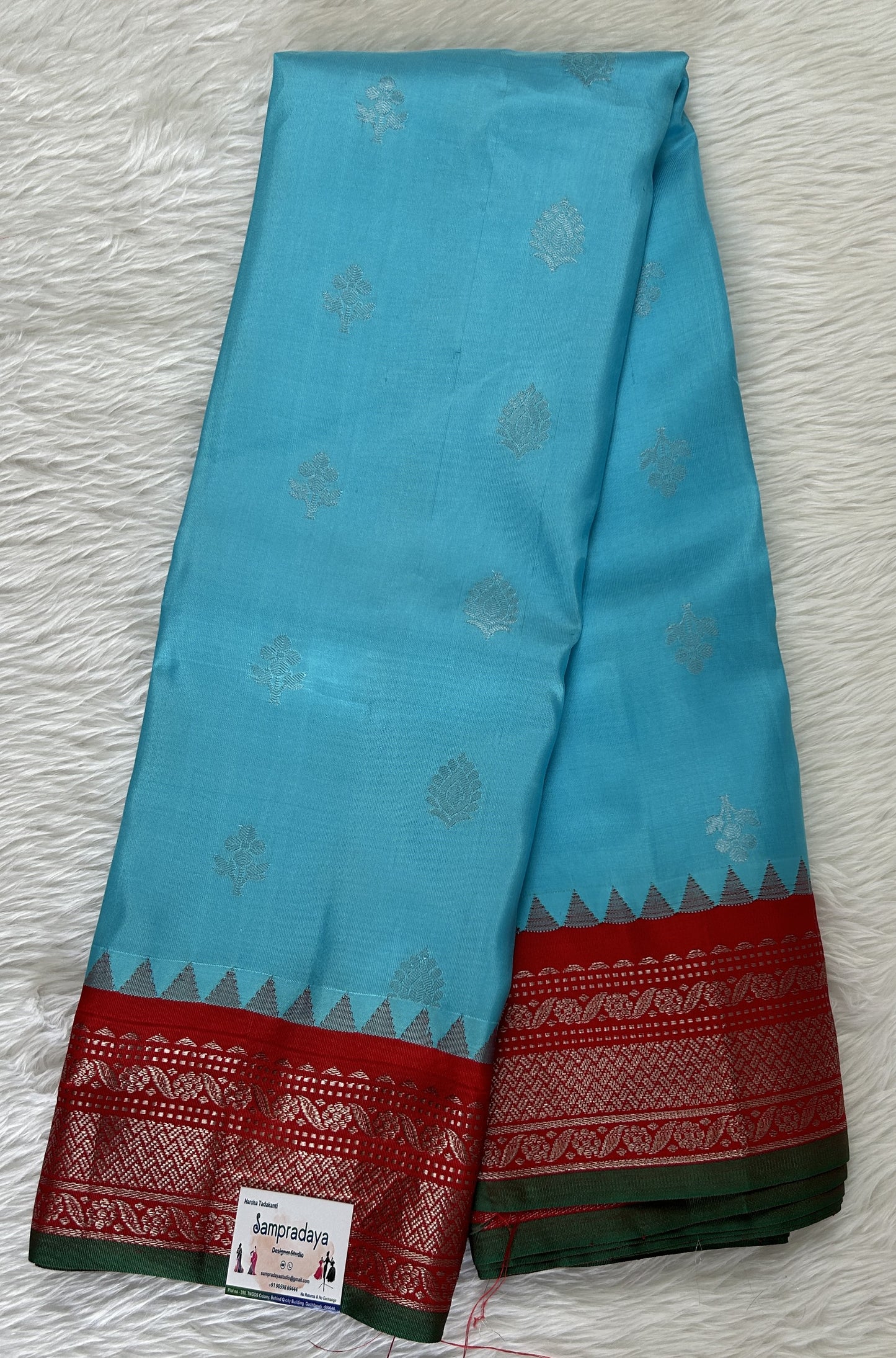 Gadwal Pattu Saree Sky Blue colored saree complemented with a Dark Red Kanchi Border - Sampradaya Designer Studio