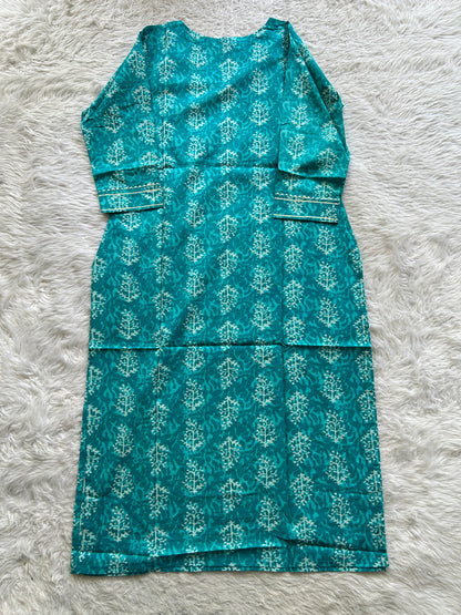 Jaipur Cotton Kurti Sky Blue Colored With a Floral Print. - Sampradaya Designer Studio