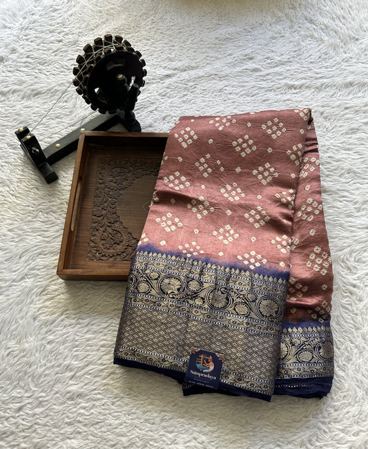 Bandhani Saree Brick Colored Elegantly Paired with a Navy Blue Color Zari Border. - Sampradaya Designer Studio