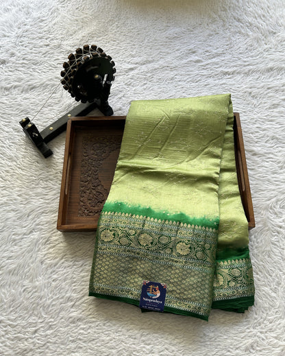 Bandhani Saree Inchworm Colored Elegantly Paired with a Green Color Zari Border. - Sampradaya Designer Studio