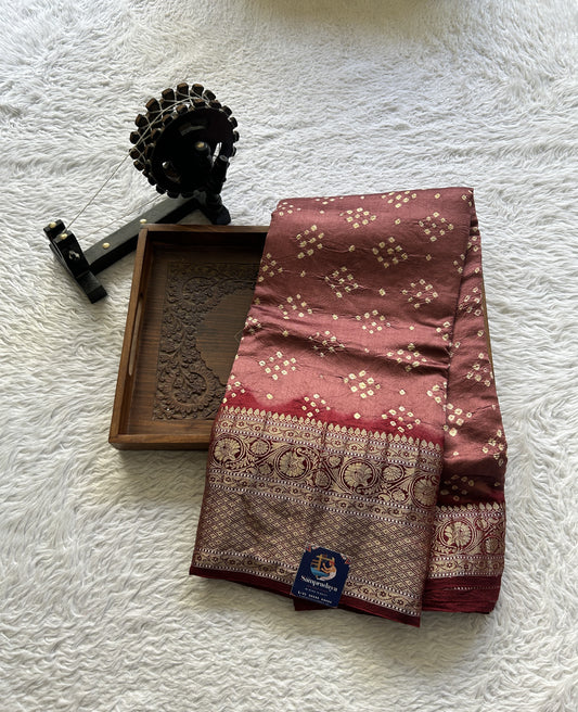 Bandhani Saree Maroon Colored Elegantly Paired with a Zari Border. - Sampradaya Designer Studio