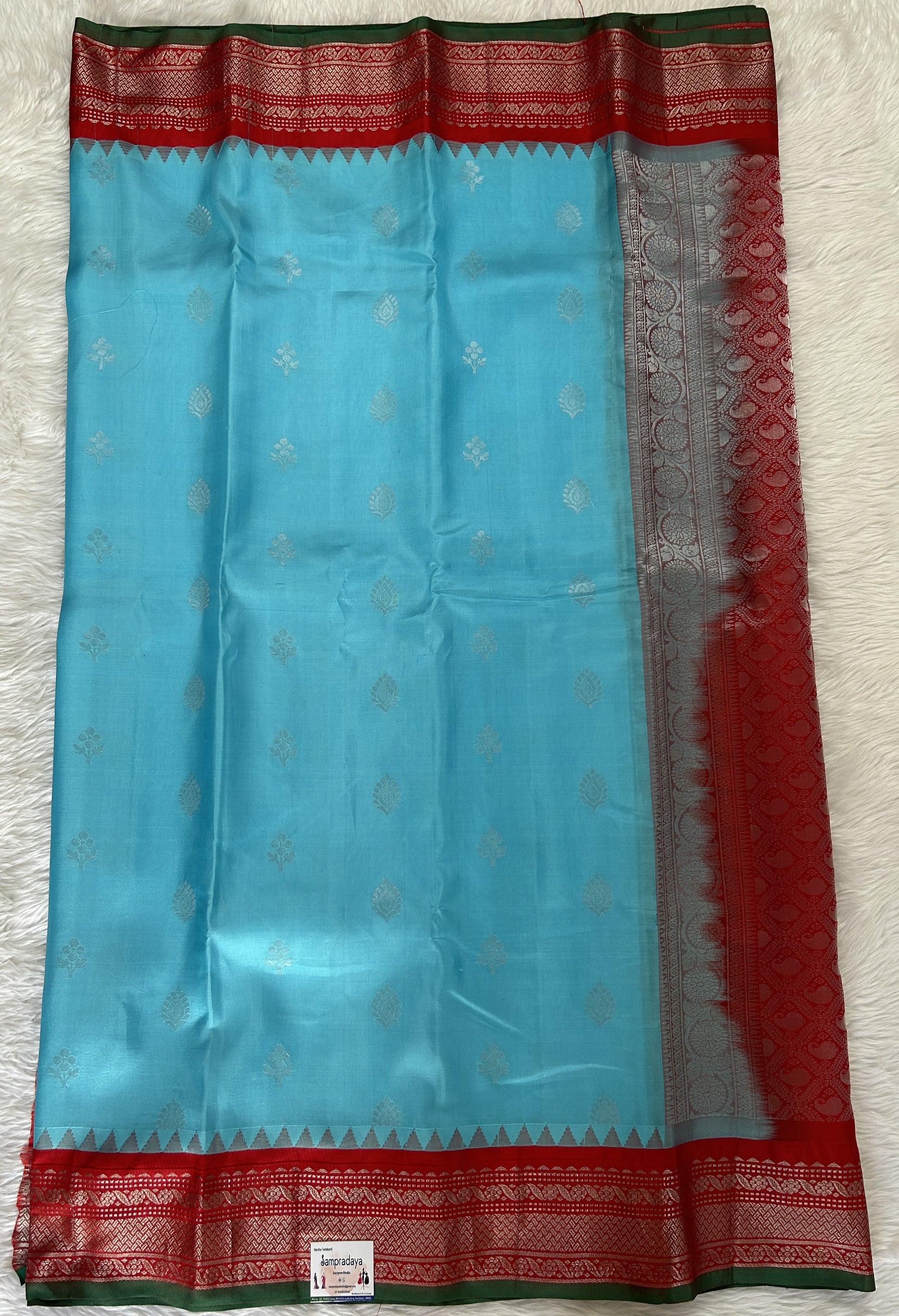 Gadwal Pattu Saree Sky Blue colored saree complemented with a Dark Red Kanchi Border - Sampradaya Designer Studio