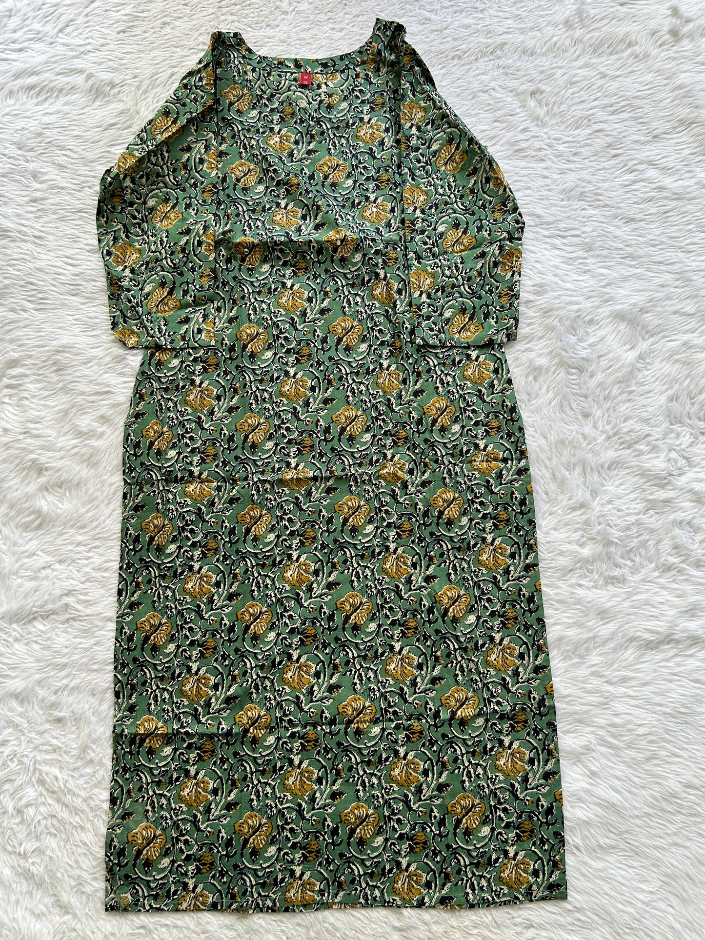 Jaipur Cotton Kurti Olive Green Colored With a Floral Print. - Sampradaya Designer Studio