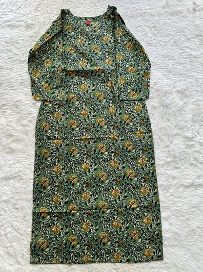 Jaipur Cotton Kurti Olive Green Colored With a Floral Print. - Sampradaya Designer Studio