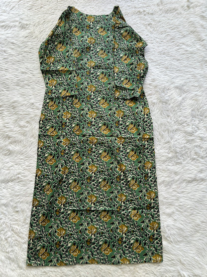 Jaipur Cotton Kurti Olive Green Colored With a Floral Print. - Sampradaya Designer Studio