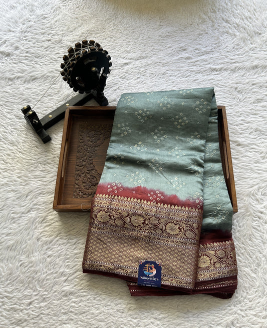 Bandhani Saree Gray Colored Elegantly Paired with a Rust Color Zari Border. - Sampradaya Designer Studio