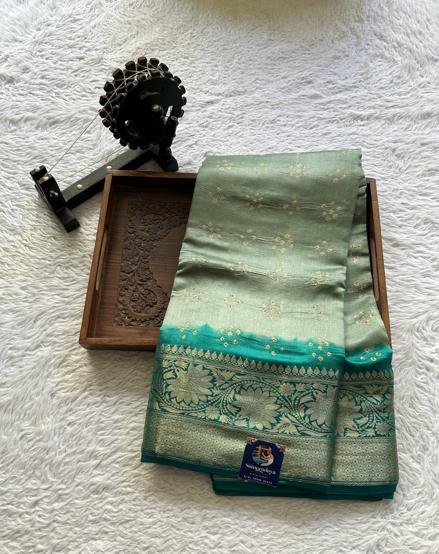 Bandhani Saree Light Sea Green Colored Elegantly Paired with a Zari Border. - Sampradaya Designer Studio