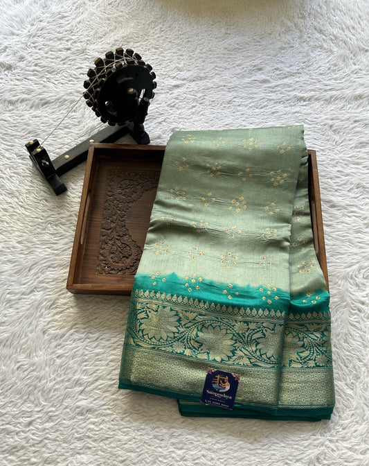Bandhani Saree Light Sea Green Colored Elegantly Paired with a Zari Border. - Sampradaya Designer Studio