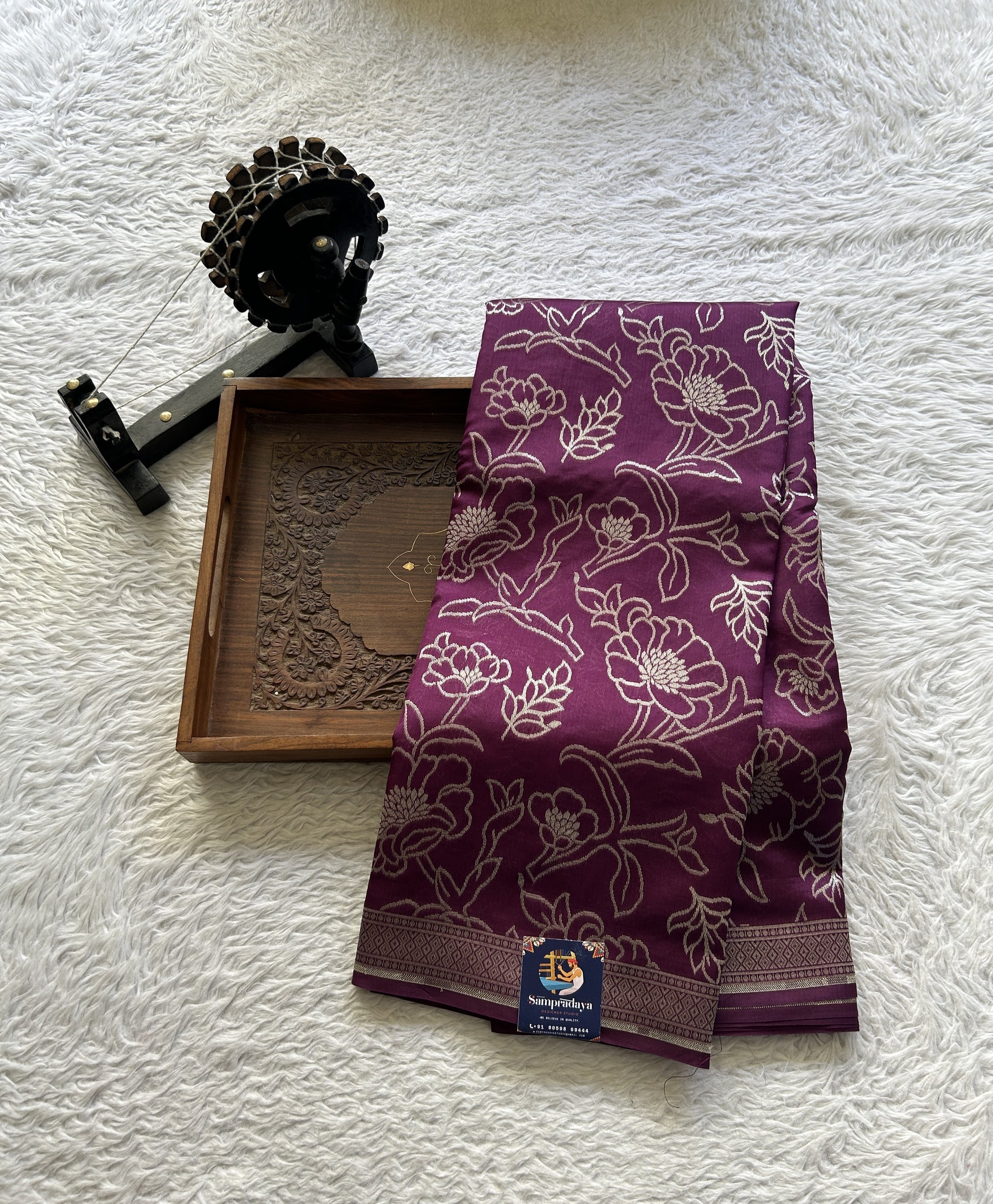 Banarasi Katan Silk Allover Saree Brinjal Colored Elegantly Paired with a Zari border. - Sampradaya Designer Studio