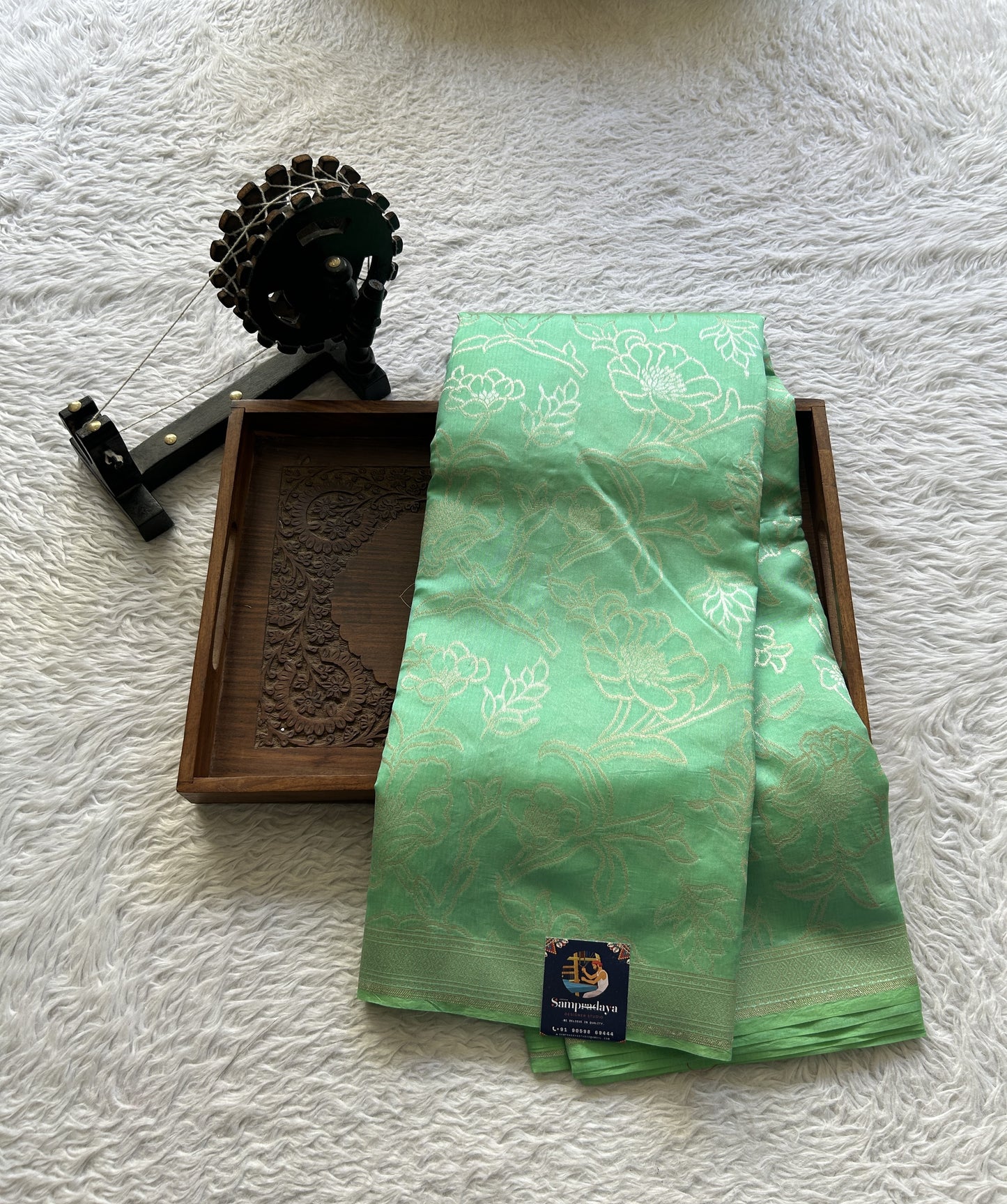 Banarasi Katan Silk Allover Saree Light Green Colored Elegantly Paired with a Zari border. - Sampradaya Designer Studio