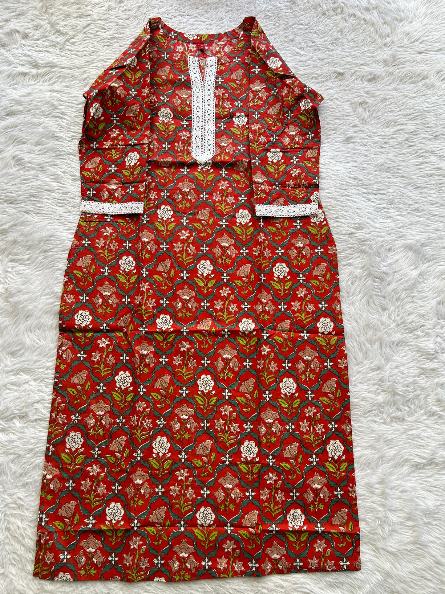 Jaipur Cotton Kurti Red Colored With a Floral Print. - Sampradaya Designer Studio