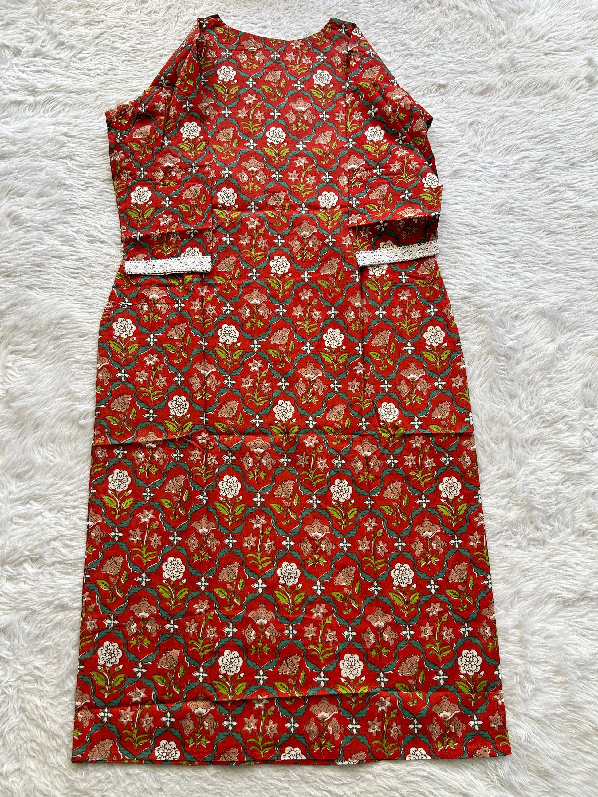 Jaipur Cotton Kurti Red Colored With a Floral Print. - Sampradaya Designer Studio