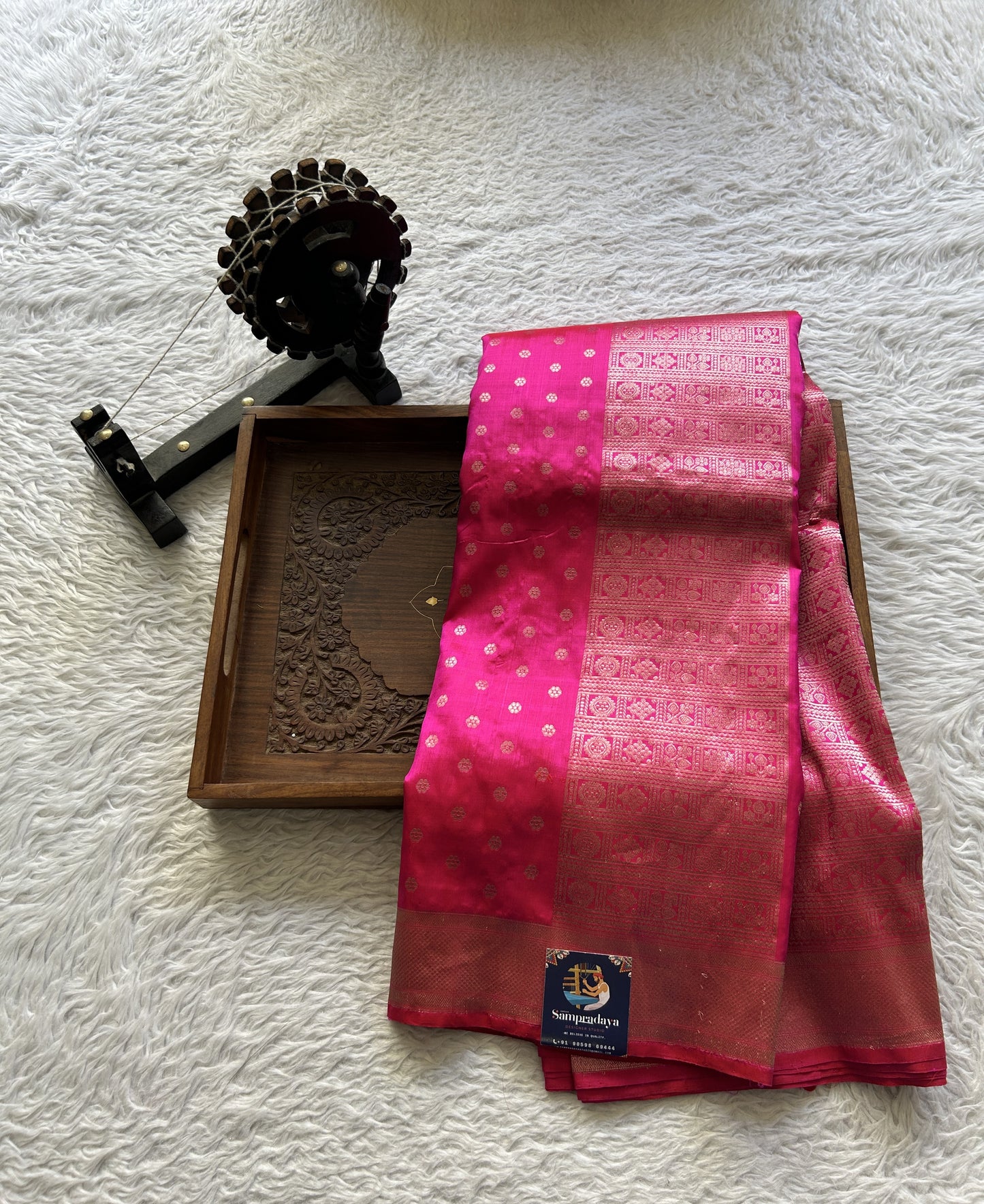 Banarasi Katan Silk Allover Saree Hot Pink Colored Elegantly Paired with a Zari border. - Sampradaya Designer Studio