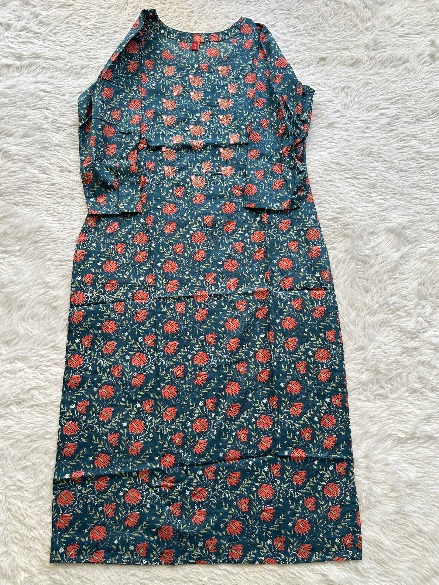 Jaipur Cotton Kurti Teal Blue Colored With a Floral Print. - Sampradaya Designer Studio