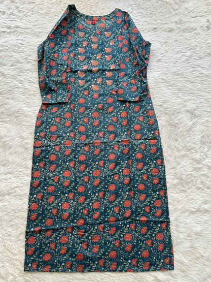 Jaipur Cotton Kurti Teal Blue Colored With a Floral Print. - Sampradaya Designer Studio