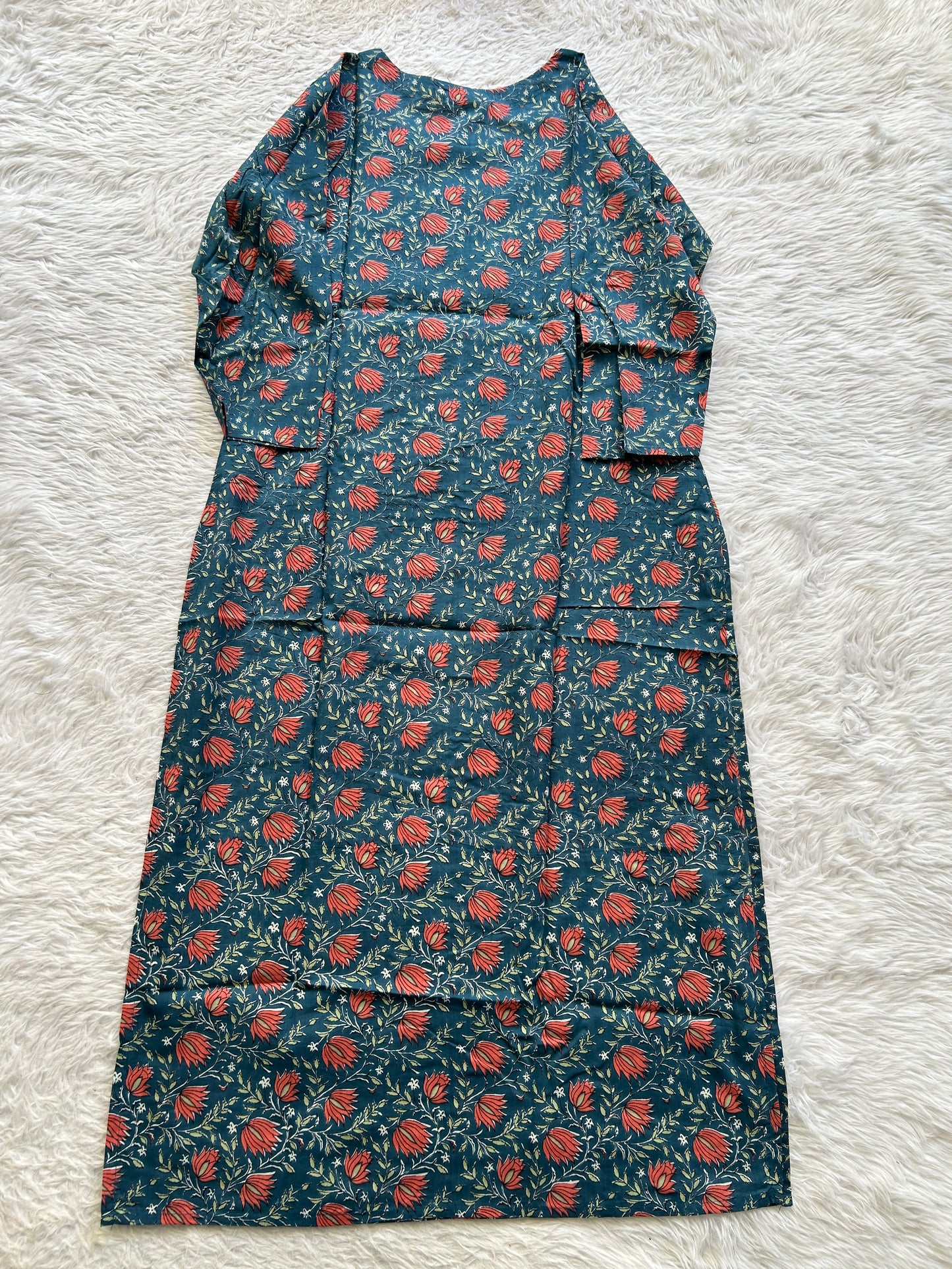 Jaipur Cotton Kurti Teal Blue Colored With a Floral Print. - Sampradaya Designer Studio