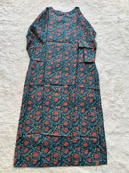 Jaipur Cotton Kurti Teal Blue Colored With a Floral Print. - Sampradaya Designer Studio