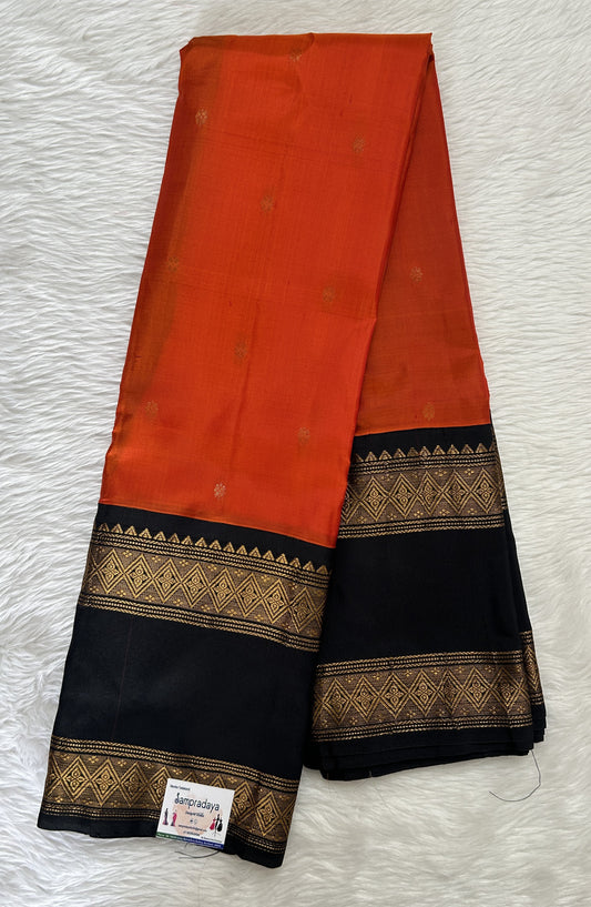Gadwal Pattu Saree Orange colored saree complemented with a Black Kanchi Gap Border - Sampradaya Designer Studio