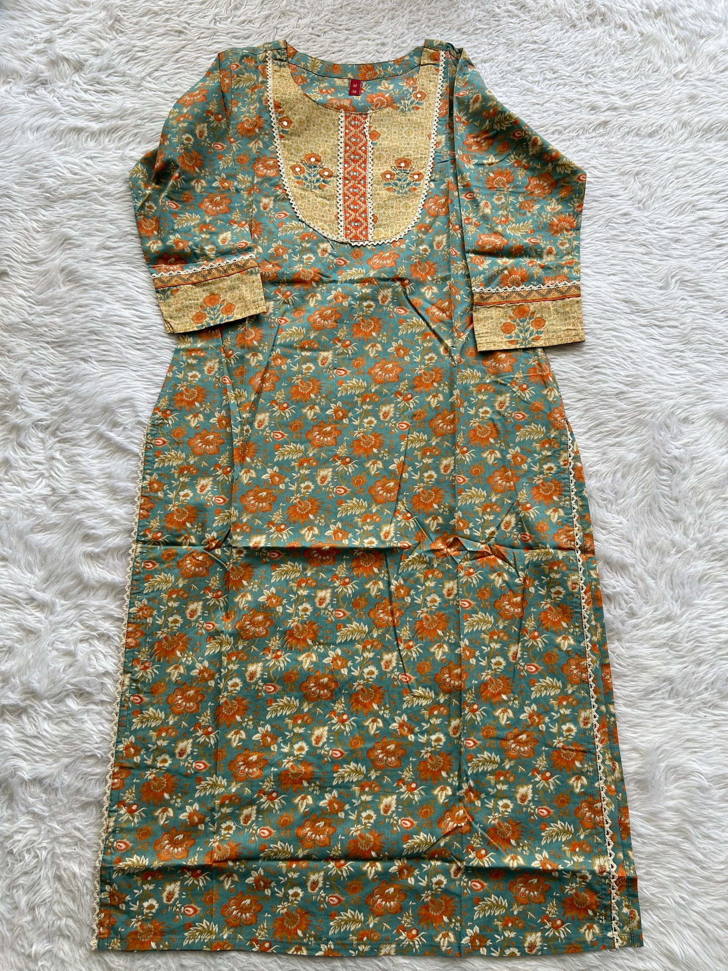 Jaipur Cotton Kurti Sea Blue Colored With a Floral Print. - Sampradaya Designer Studio