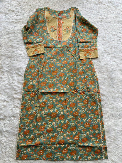 Jaipur Cotton Kurti Sea Blue Colored With a Floral Print. - Sampradaya Designer Studio